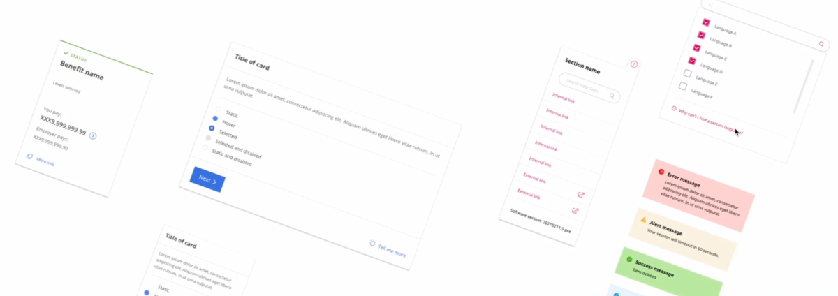 Components across the two design systems: cards, radio groups, links and messaging